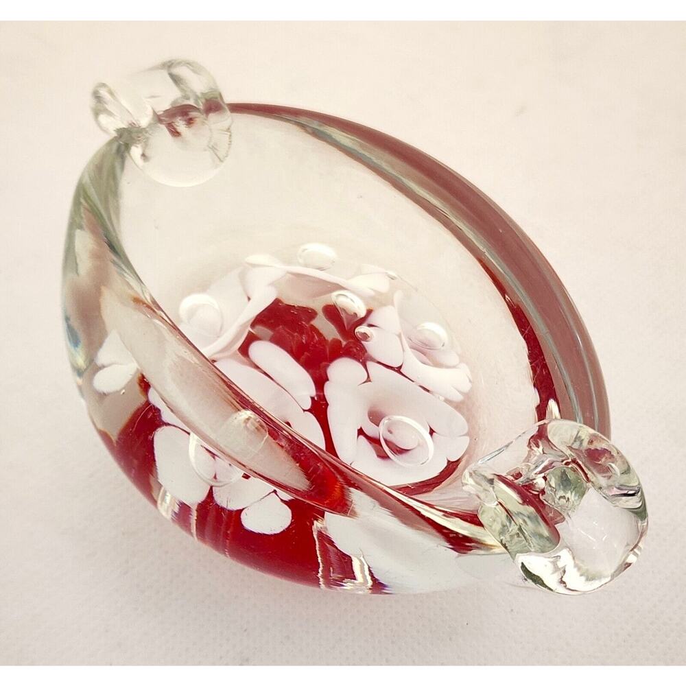 Ashtray-Vintage-Blown Glass-Clear-White Flowers-Red Accent-Small-MCM